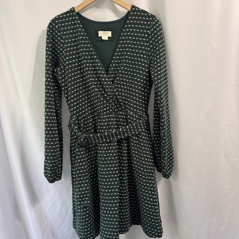 Anthropologie Maeve Green Polka Dot Belted Dress Medium wrap Holiday Classic
